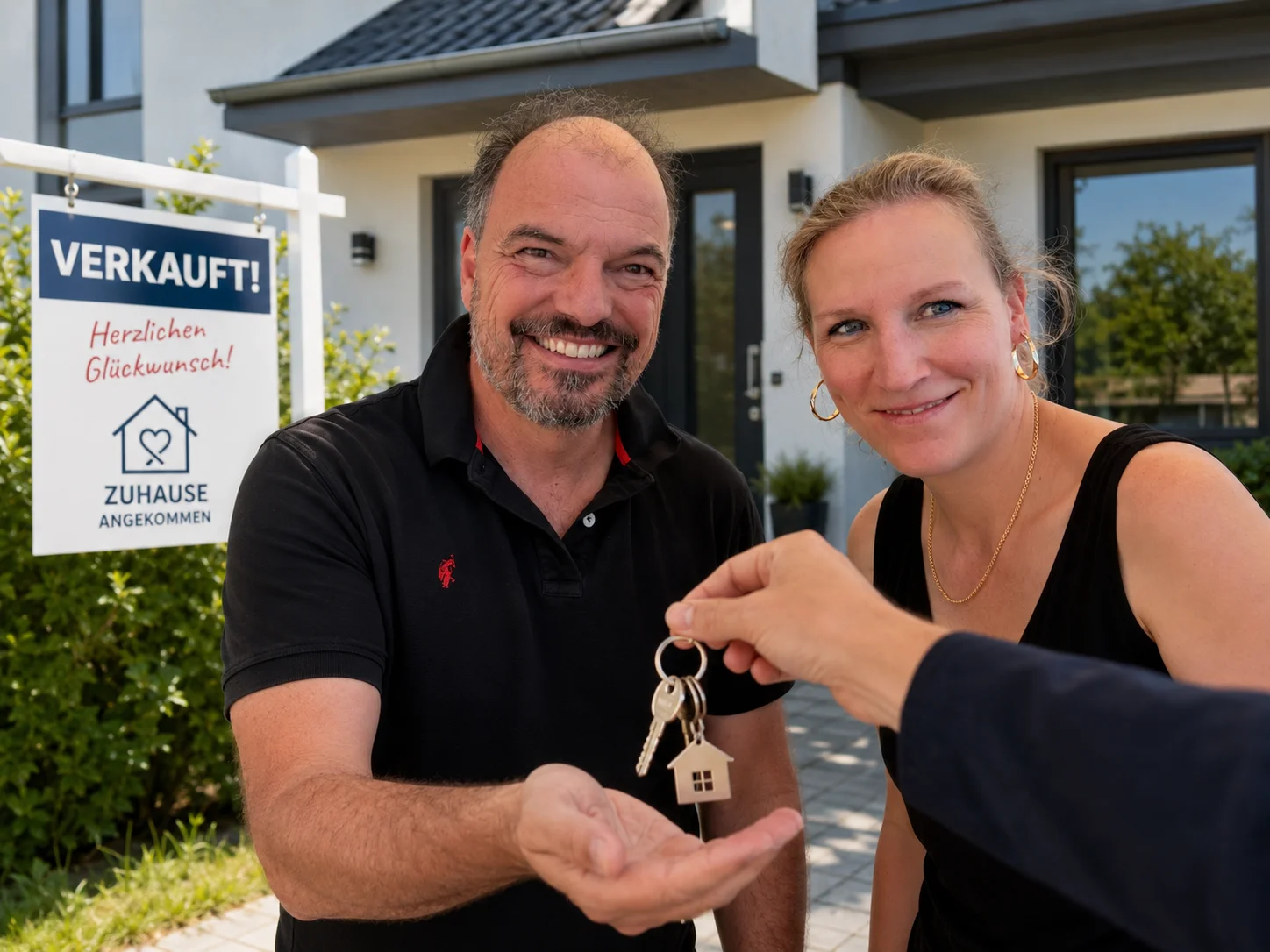 Schlüsselübergabe beim Hauskauf — glückliche Käufer vor ihrem neuen Zuhause