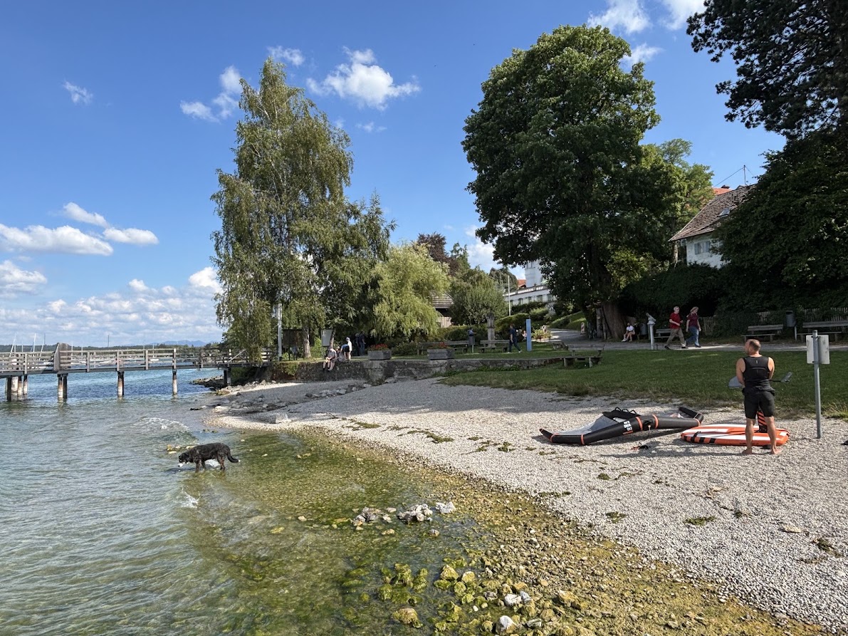 Kiesstrand mit Hund im Wasser und Steg beim Strandbad Seeshaupt