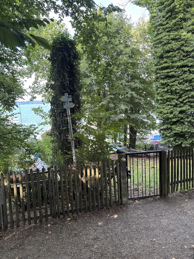 Grünes Gartentor mit Zugang zum Seeufer
