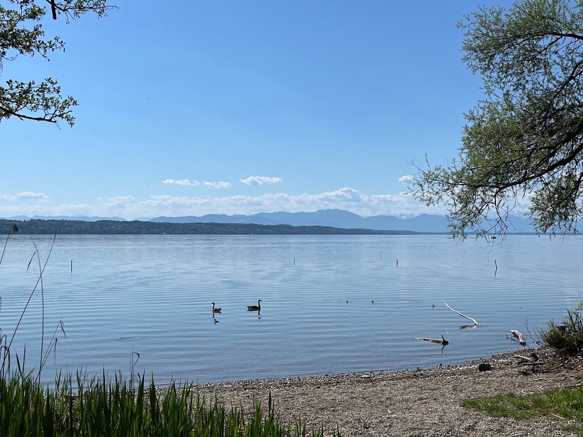 Historisches Bootshaus am Starnberger See mit Alpenblick