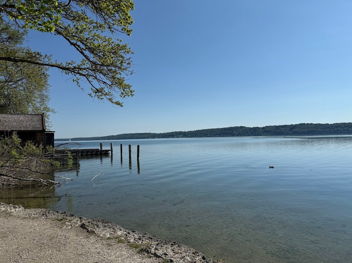 Bootshaus zwischen Bäumen und Uferwiese am Starnberger See